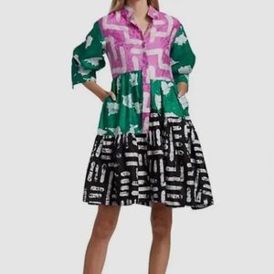 $485 Busayo Womens Green Tayo Mixed Batik Print Elbow-length Shirt Dress Size XS
